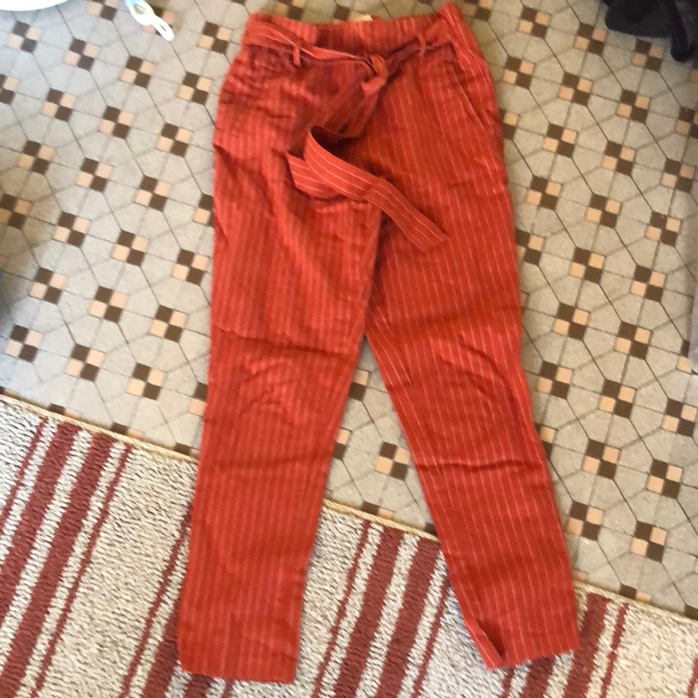 Red orange Pinstripe Pants with tie belt